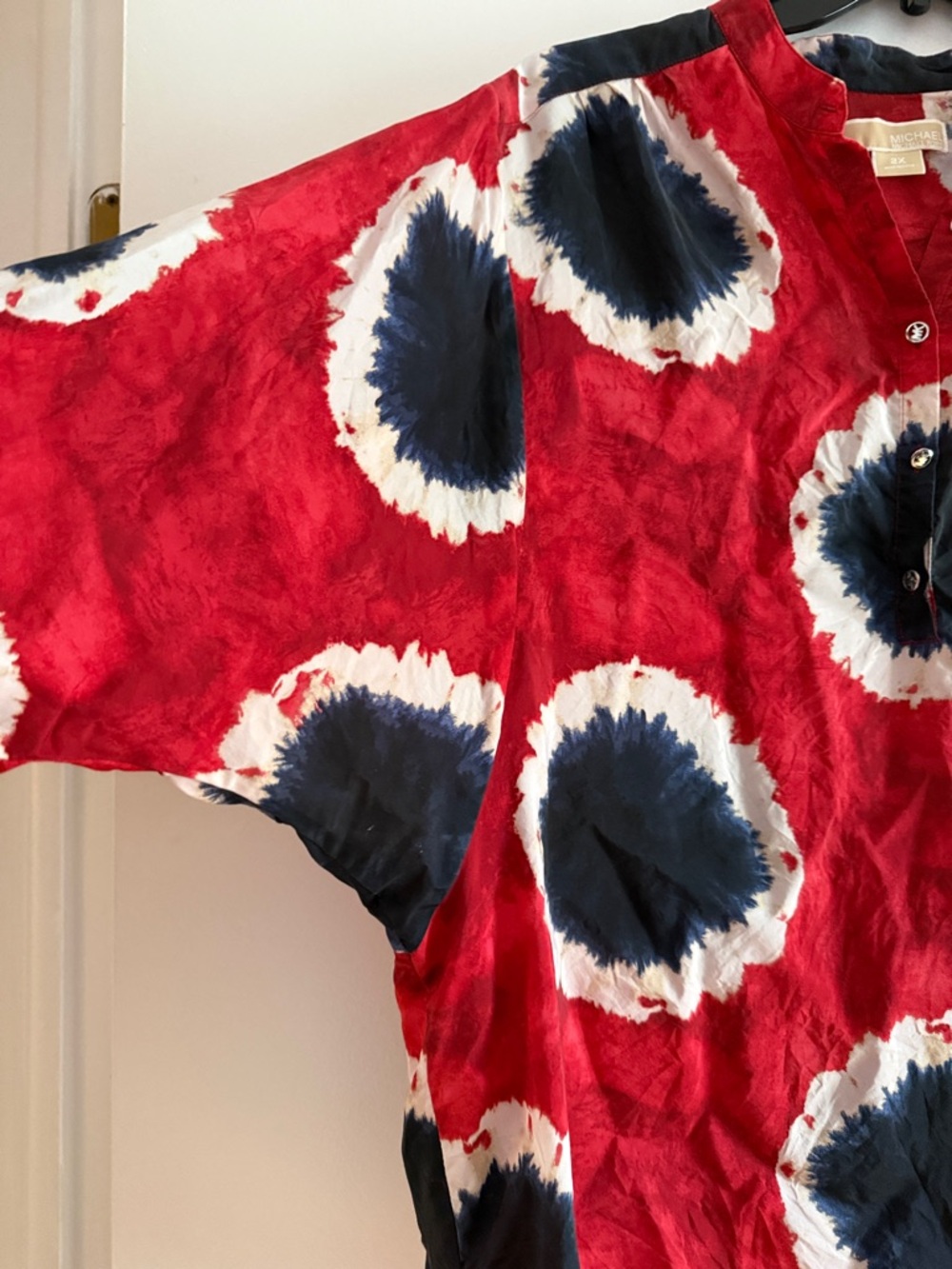 Michael Kors Red Tie-Dye Henley with Navy and White Circles - Picture 2 of 9